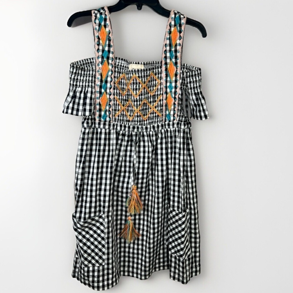 Embroidered Black & White Gingham Off-Shoulder Sundress